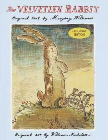 Illustrated book cover for The Velveteen Rabbit featuring a delicate watercolor painting of a stuffed toy rabbit sitting atop a little hill of dirt with ferns and flowers on it.