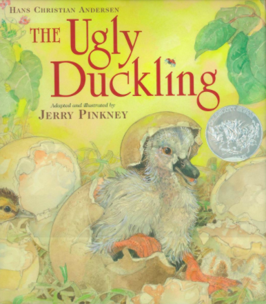 Cover image for The Ugly Duckling featuring a detailed painting of a duck hatching out of its egg. It still has a little cap of eggshell on its head. The duckling is surrounded by other eggs that have not hatched yet