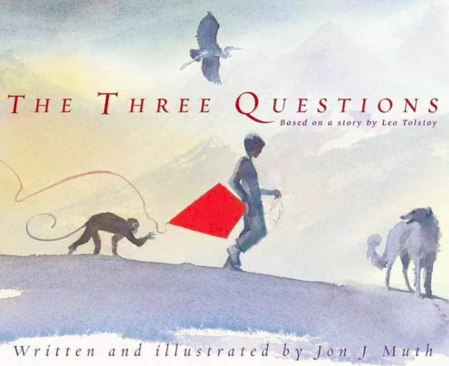 Cover image for The Three Questions featuring a watercolor painting of a person walking on the ground with a red kite in their hand. The person is followed by a monkey and preceded by a wolf. A hawk flies over the person's head.