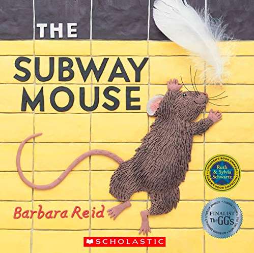 Cover image for The Subway Mouse featuring an illustration of a mouse jumping up to try and grab a white feather