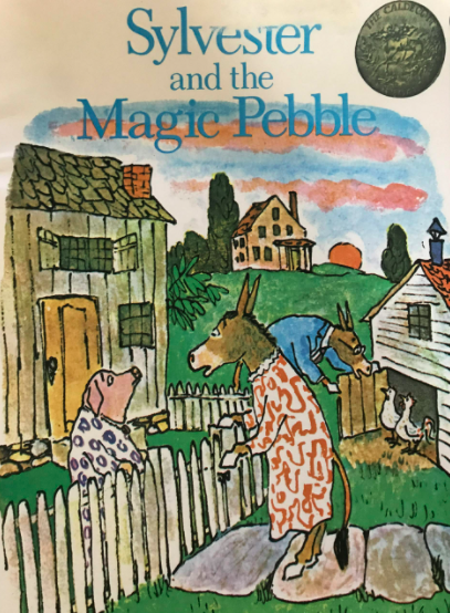 Illustrated book cover for Slyvester and the Magic Pebble featuring a donkey in a dress talking to a pig over a fence. Behind her is another donkey wearing a suit and glasses, talking to chickens in front of their house. The donkeys look concerned.