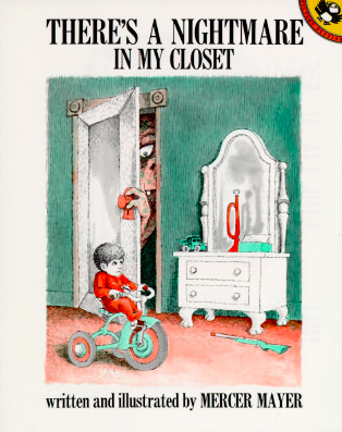 Cover image for There's a Nightmare in My Closet featuring an illustration of a young white boy riding a tricycle in his bedroom in front of a door, out of which peers a horrid-looking beast