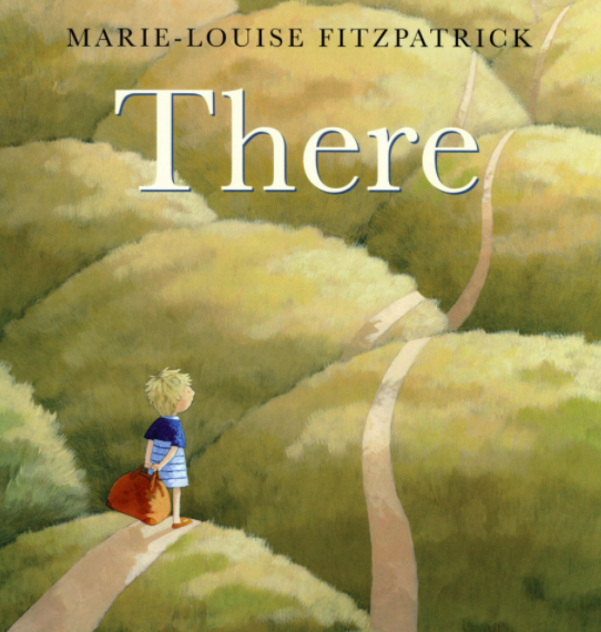 Cover image for the book There of a painting with a small yellow-haired child gazing at a long road that goes up and down a cluster of hills. The child grasps a red suitcase behind their back
