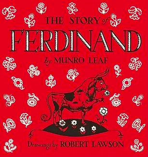 Cover image for The Story of Ferdinand featuring a line drawing of a bull sniffing a flower. The cover background is bright red and covered with white flowers