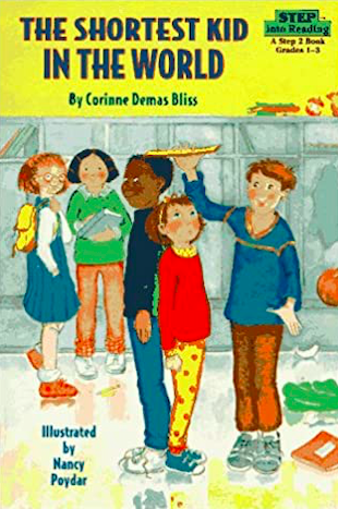 Cover image for The Shortest Kid in the World featuring an illustration of a group of children, one of whom is much shorter than the rest. The short kid looks up as a taller child holds a ruler above her head to compare her height to a classmate's height