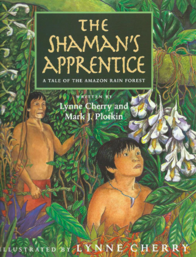 Cover image for The Shaman's Apprentice featuring an illustration of two Tirio people, one a man and one a boy. They are both walking through a lush jungle and appears to be looking up at a bunch of white flowers.
