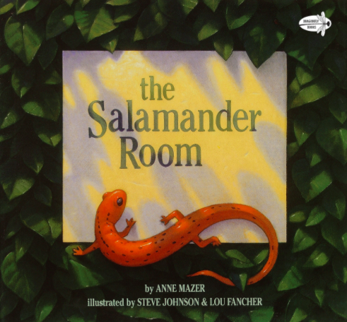 Cover image for The Salamander Room featuring a naturalistic illustration of a reddish-orange salamander from above. The salamander is partly on a gray tile and partly on the dark green leaves that surround the tile.