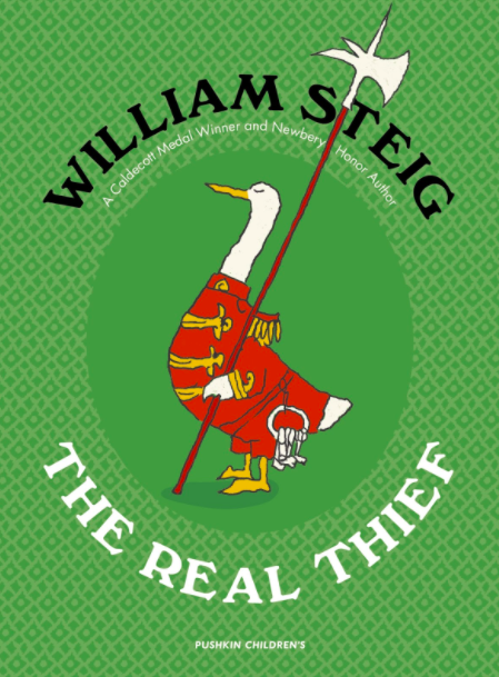 Cover image for The Real Thief featuring an illustration of a white goose in a red uniform with a ring of keys hanging at its belt. The goose holds a staff.