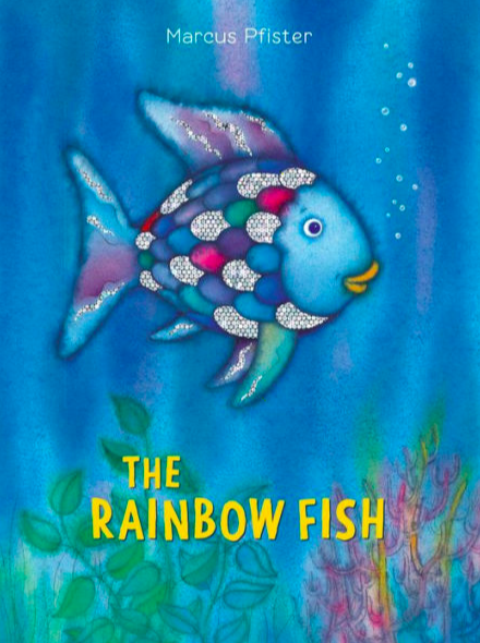 Cover image for The Rainbow Fish with an illustration of a beautifully patterned fish swimming in the ocean amongst some coral. The fish has multi-colored scales, and some of them even have glitter!
