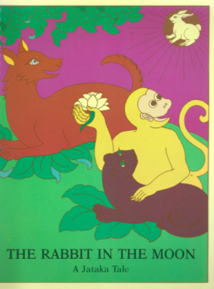 Cover image for The Rabbit in the Moon with an illustration of a yellow monkey holding a cream-colored flower. It has its other paw on a panther. They sit next to a hyena on a lush green ground. All of the animals gaze up at a rabbit inside of a circle up in the sky