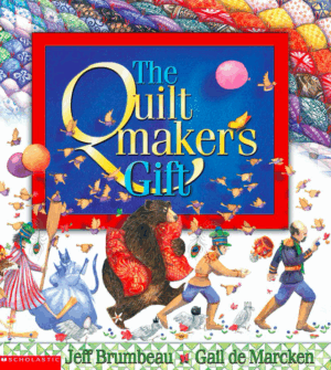 Cover image for The Quiltmaker's Gift featuring a group of animals and people walking in a parade-like fashion. Birds fly around them and balloons float away into the sky. There is a giant and colorful patchwork quilt in the background.