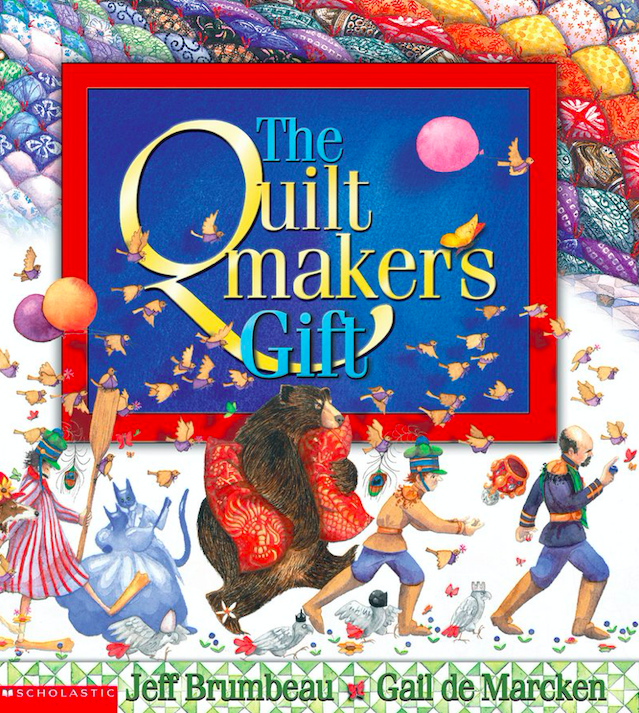 Cover image for The Quiltmaker's Gift featuring a group of animals and people walking in a parade-like fashion. Birds fly around them and balloons float away into the sky. There is a giant and colorful patchwork quilt in the background.