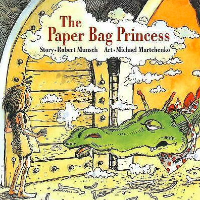 Cover image for The Paper Bag Princess with an illustration of a small white girl wearing a long paper bag as a dress standing in a large wooden doorway. A giant green dragon sticks its head out of the doorway and towards the girl. It has smoke coming out of its nose and looks very tired.