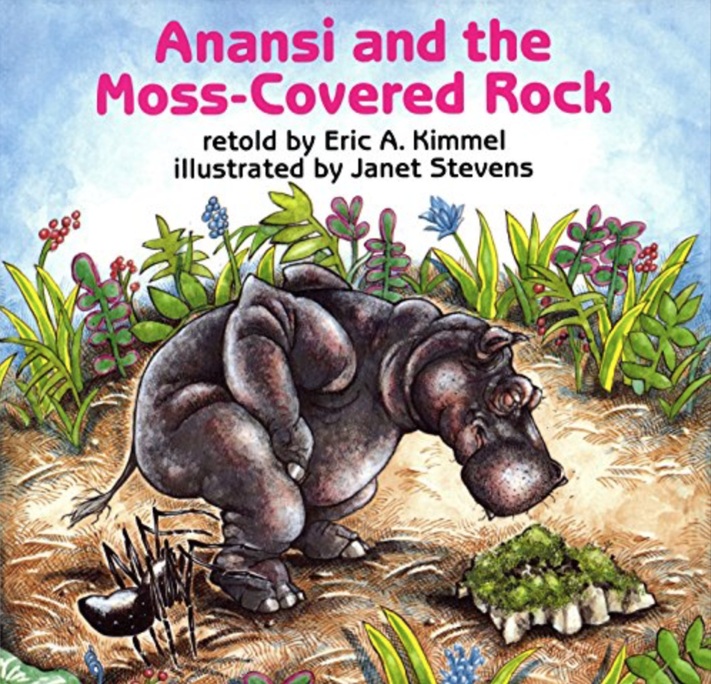 Illustrated book cover for Anansi and the Moss-Covered Rock featuring a hippo gazing down at a moss-covered rock. The hippo is surrounded by foliage and flowers.