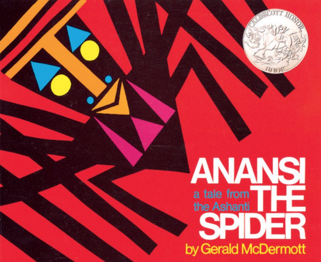 Illustrated book cover for Anansi the Spider featuring a black spider made out of sharp geometrical shapes. The spider's face is also made out of geometric shapes, and slightly resembles a human face.