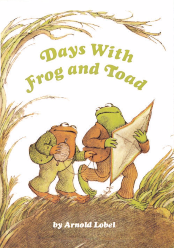 Illustrated book cover for Days with Frog and Toad of a brown toad in pants and a jacket walking next to a green frog wearing a brown suit and carrying a paper kite. The two are walking together and gazing at each other with affection