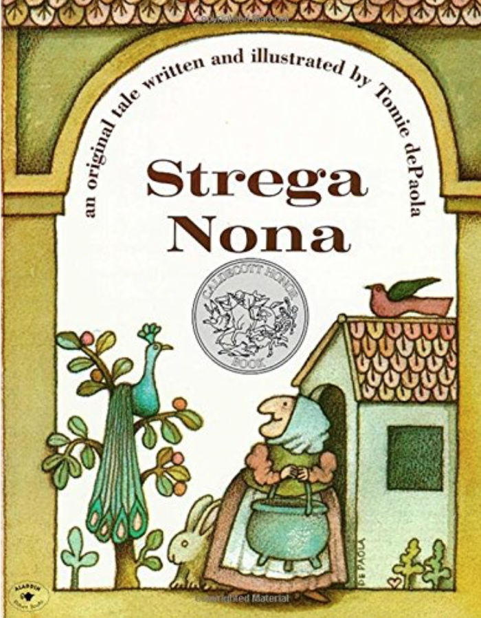 Illustrated book cover for Strega Nona by Tomie dePaola featuring an old woman holding a large pot outside of her house. She looks at a tree with a peacock in it. A rabbit sits behind her and a bird sits on the house's terracotta roof.