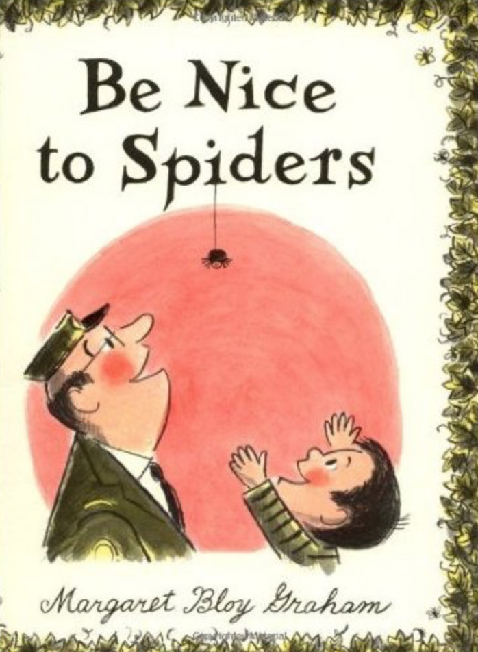 Illustrated book cover for Be Nice to Spiders of a pink-cheeked white man with a hat and a young boy gazing up at a spider hanging on a silken thread above their heads