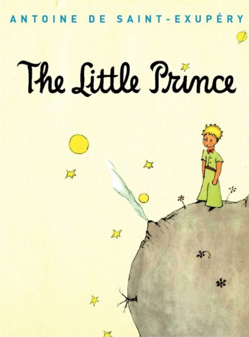 Cover image for The Little Prince with an illustration of a young white boy with yellow hair and a green outfit standing atop a grayish planet with a few flowers on it.