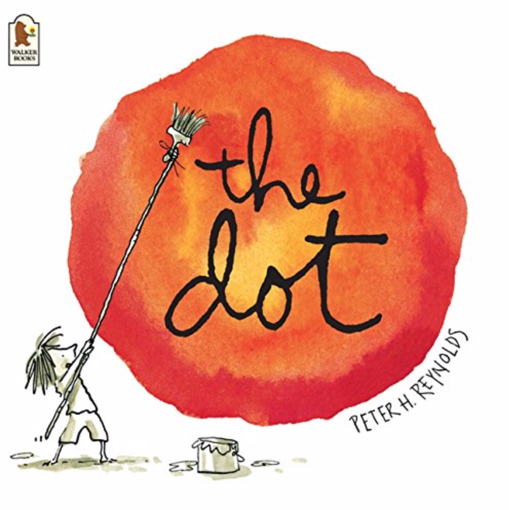 Cover image for The Dot of a large watercolor dot. A small child holds up a large brush and paints the dot