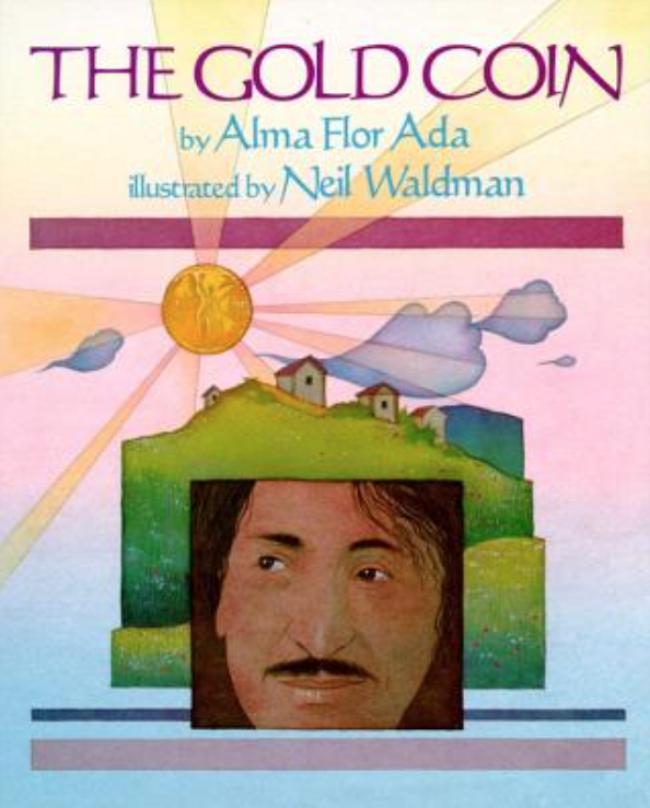 Illustrated book cover for The Gold Coin featuring a picture of a man's face in front of pastoral, Central American hills. The sun in the sky is replaced by a golden coin with large sunbeams.