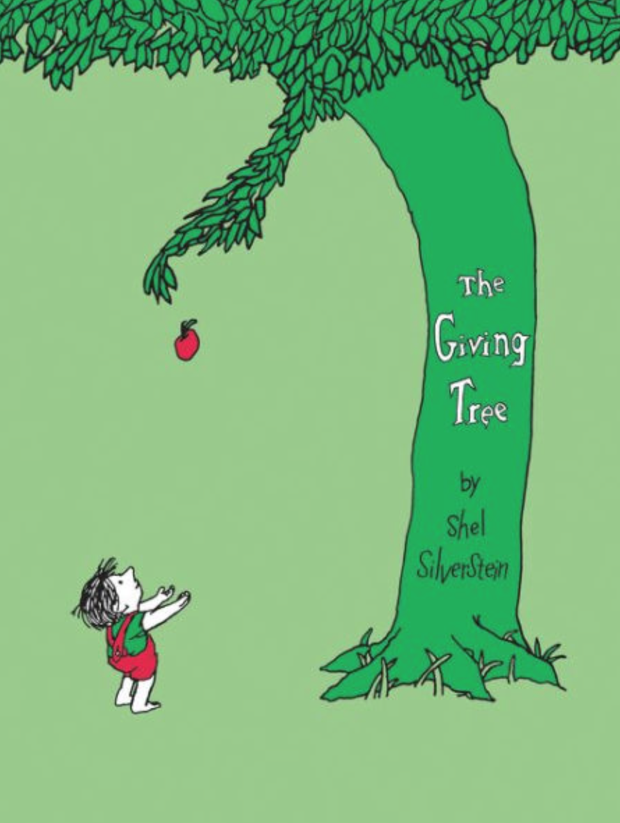 Illustrated book cover for The Giving Tree featuring a little boy and a tall, green tree. Its branch is outstretched like an arm. An apple falls from the branch into the boy's hands.