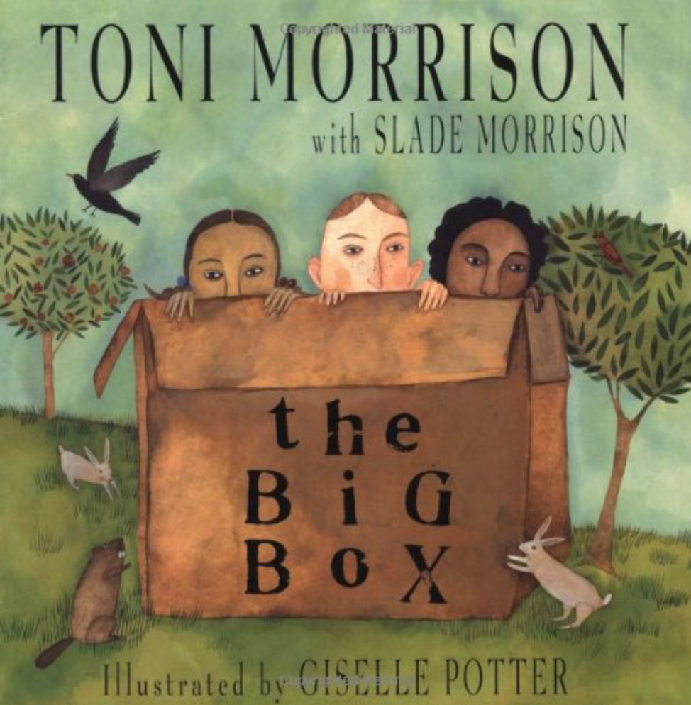 Illustrated book cover for The Big Box featuring a color picture of a large cardboard box. Three children--two black girls and one white boy--sit in the box with their heads peeking out. The box is surrounded by a few cute woodland creatures.