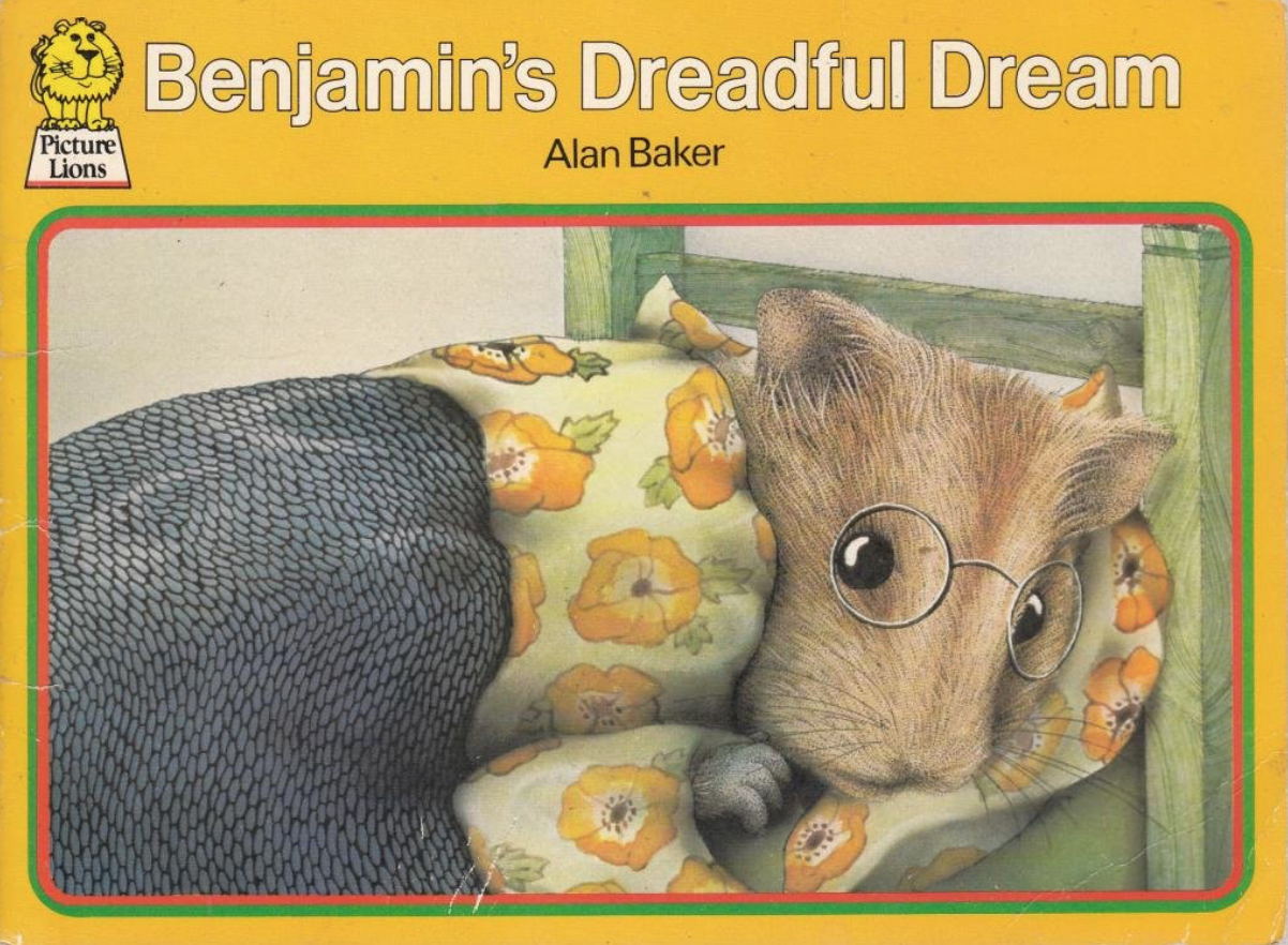 Illustrated book cover for Benjamin's Dreadful Dream featuring a picture of a brown mouse with glasses curled up under a blanket on a bed. The mouse's eyes are open and he looks a little frightened.