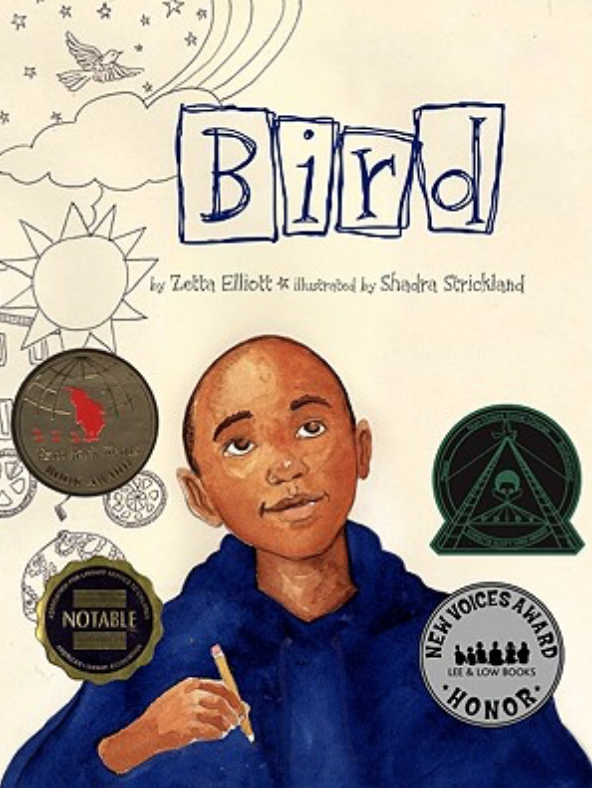 Illustrated book cover for Bird featuring an image of a young black boy in a blue sweatshirt with a pencil in his hand. He looks up thoughtfully, and there are pencil drawings of a sun, clouds, a rainbow and stars behind him.