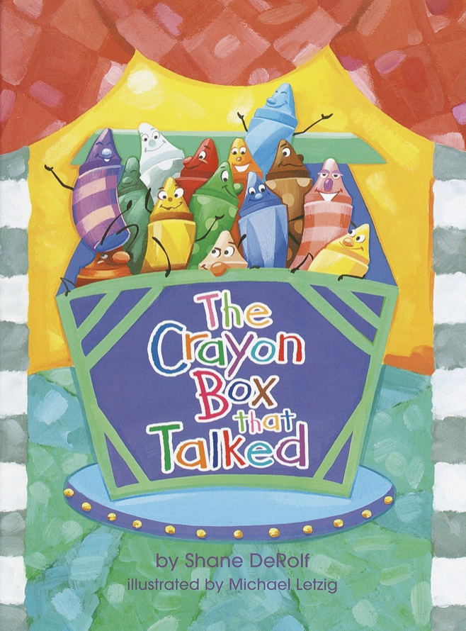 Cover image for The Crayon Box That Talked featuring an illustration of a large crayon box filled with multi-colored crayons with stick arms and varied expressions on their faces
