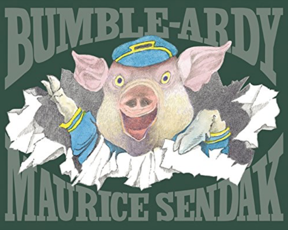 Illustrated book cover for Bumble-Ardy featuring a pig appearing to burst out of the book. He is wearing a bright blue costume and has a big smile on his face.