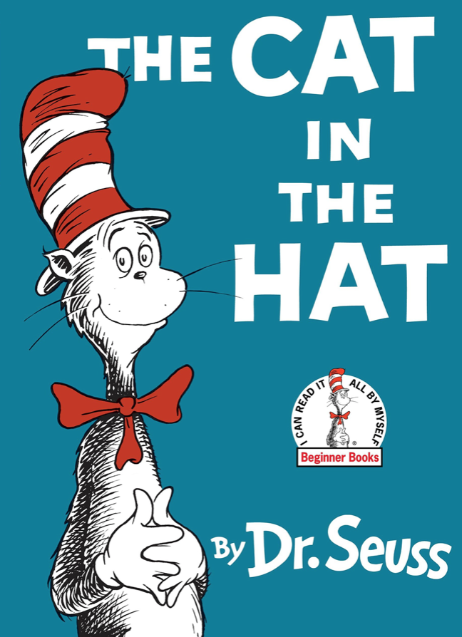 Cover image for The Cat in the Hat featuring an illustration of a black and white cat wearing a red bow and a tall red and white striped hat