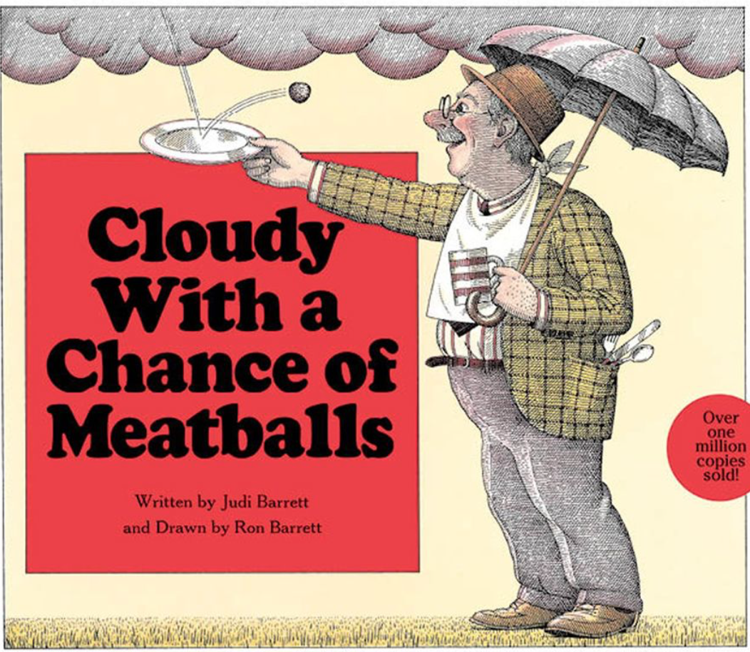 Cover image for Cloudy with a Chance of Meatballs featuring an illustration of an older white man in a checkered jacket, gray pants and white shirt holding an umbrella. There are dark clouds in the sky. The old man holds out a plate to catch a meatball falling from the sky