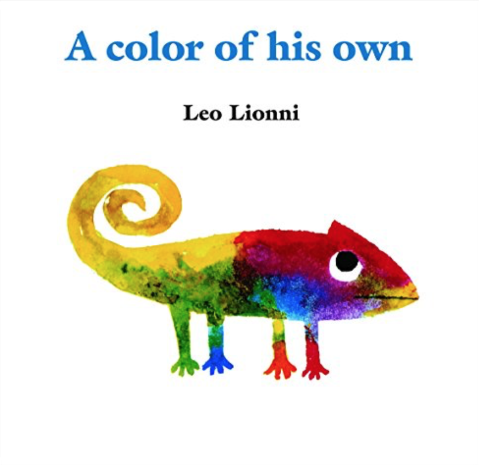 Cover image for A Color of His Own featuring a beautifully painted illustration of a lizard. The lizard has a simple shape, but is painted with all of the colors of the rainbow