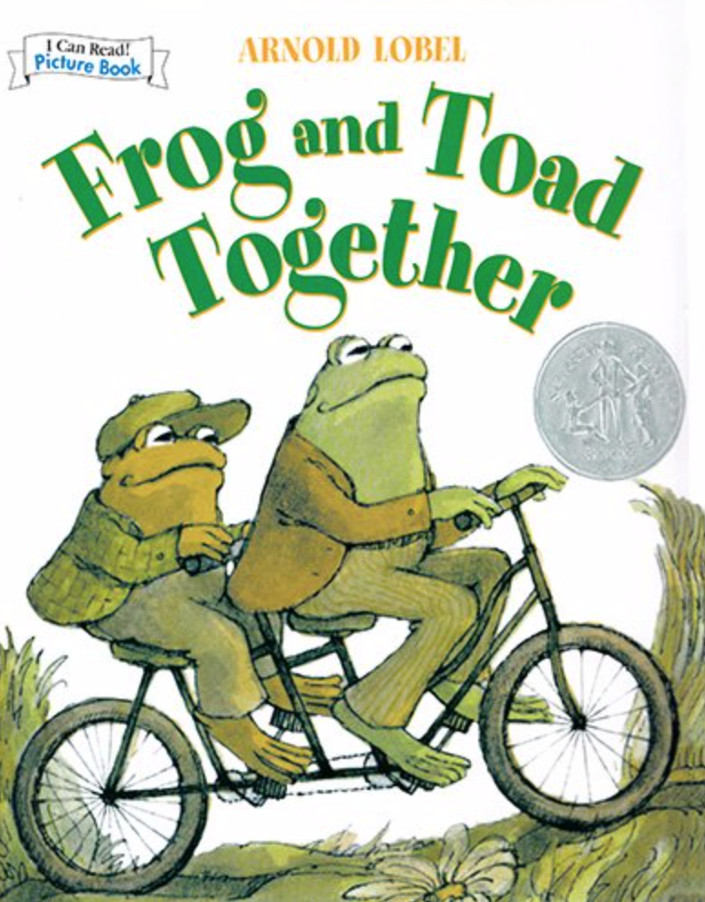 Cover image for Frog and Toad Together featuring an illustration of a brown toad and a green frog riding a bicycle together. They both wear human-like clothes. They look happy and content to be together.