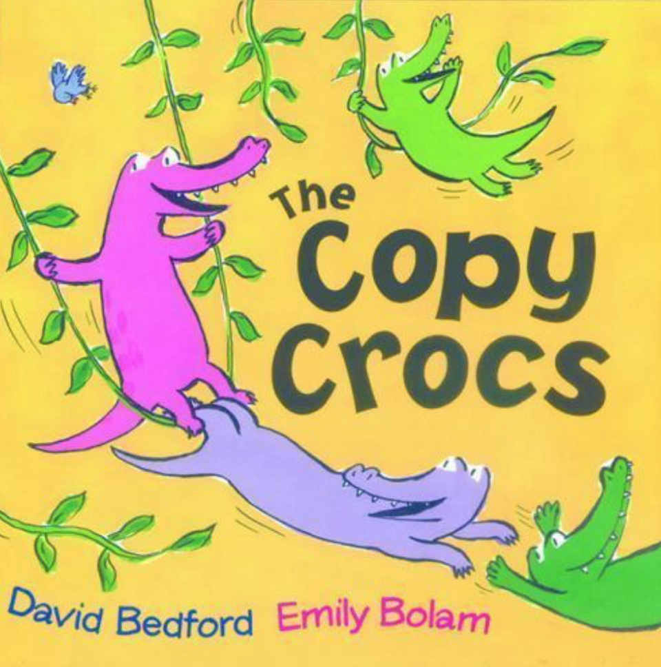 Cover image for The Copy Crocs with a colorful illustration of four cartoon crocodiles playing in some swaying vines