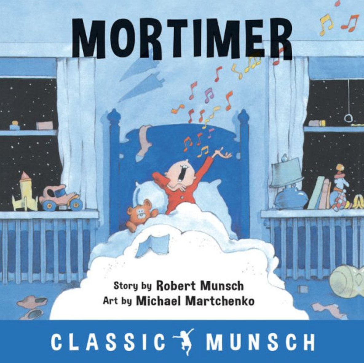 Illustrated book cover for Mortimer featuring a little boy sitting in his bed at night, singing loudly. He has light skin and is wearing red pajamas. There is a stuffed bear and a book on his bed. Other items are strewn about his room.