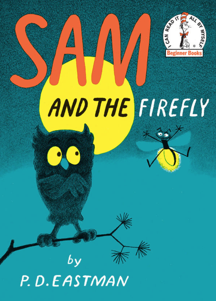Cover image for Sam and the Firefly with an illustration of an owl on a branch with a yellow moon behind its head. It looks over at a large cartoonish firefly that is lit up.