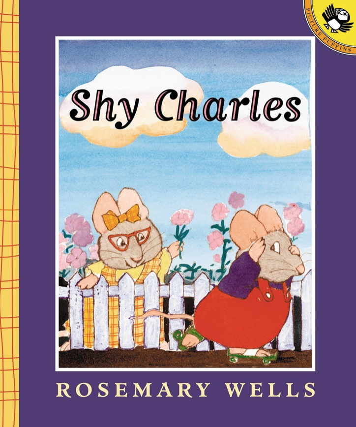 Cover image for Shy Charles featuring an illustration of a mouse in overalls and roller skates skating past another mouse in glasses and a dress. The mouse in a dress is behind a fence and the skating mouse is on the sidewalk. The skating mouse is covering its face because it is shy.