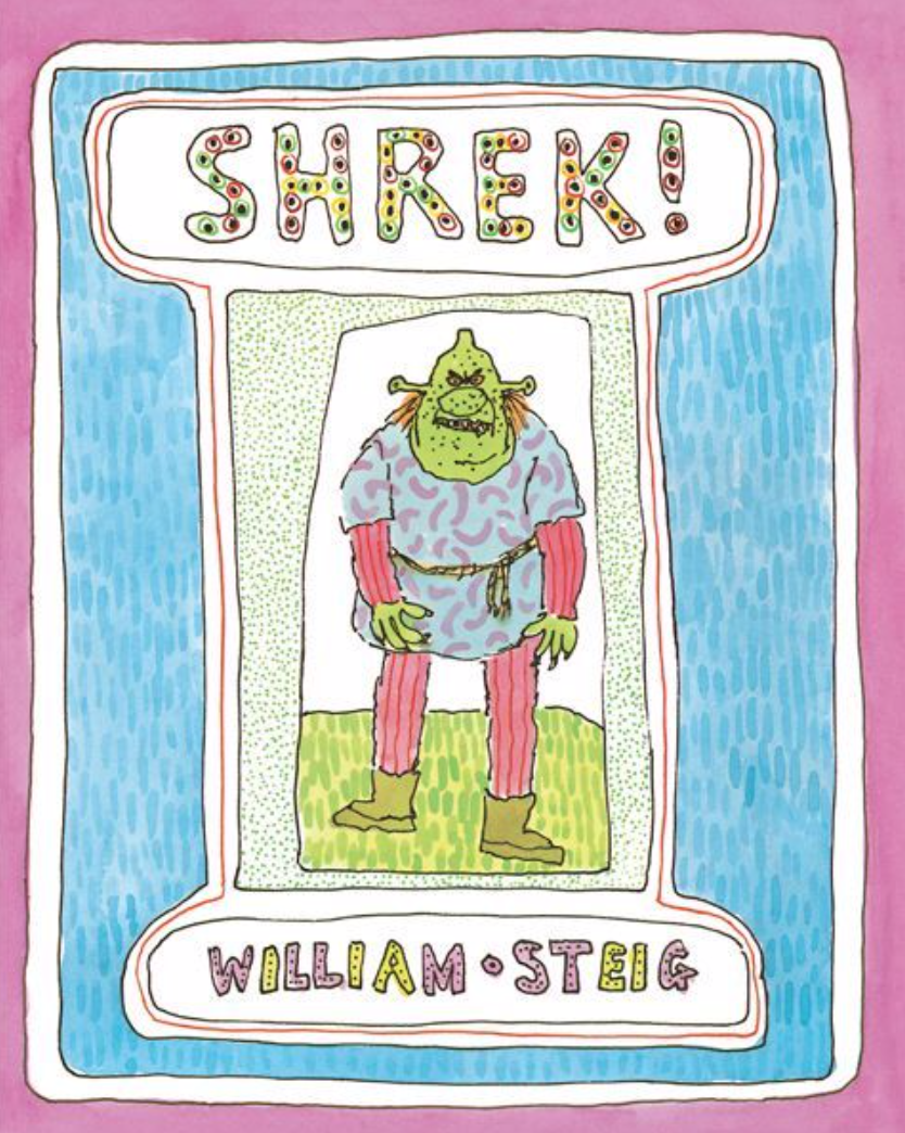 Cover image for Shrek featuring an illustration of an ugly green ogre wearing a colorful medieval tunic and shoes.