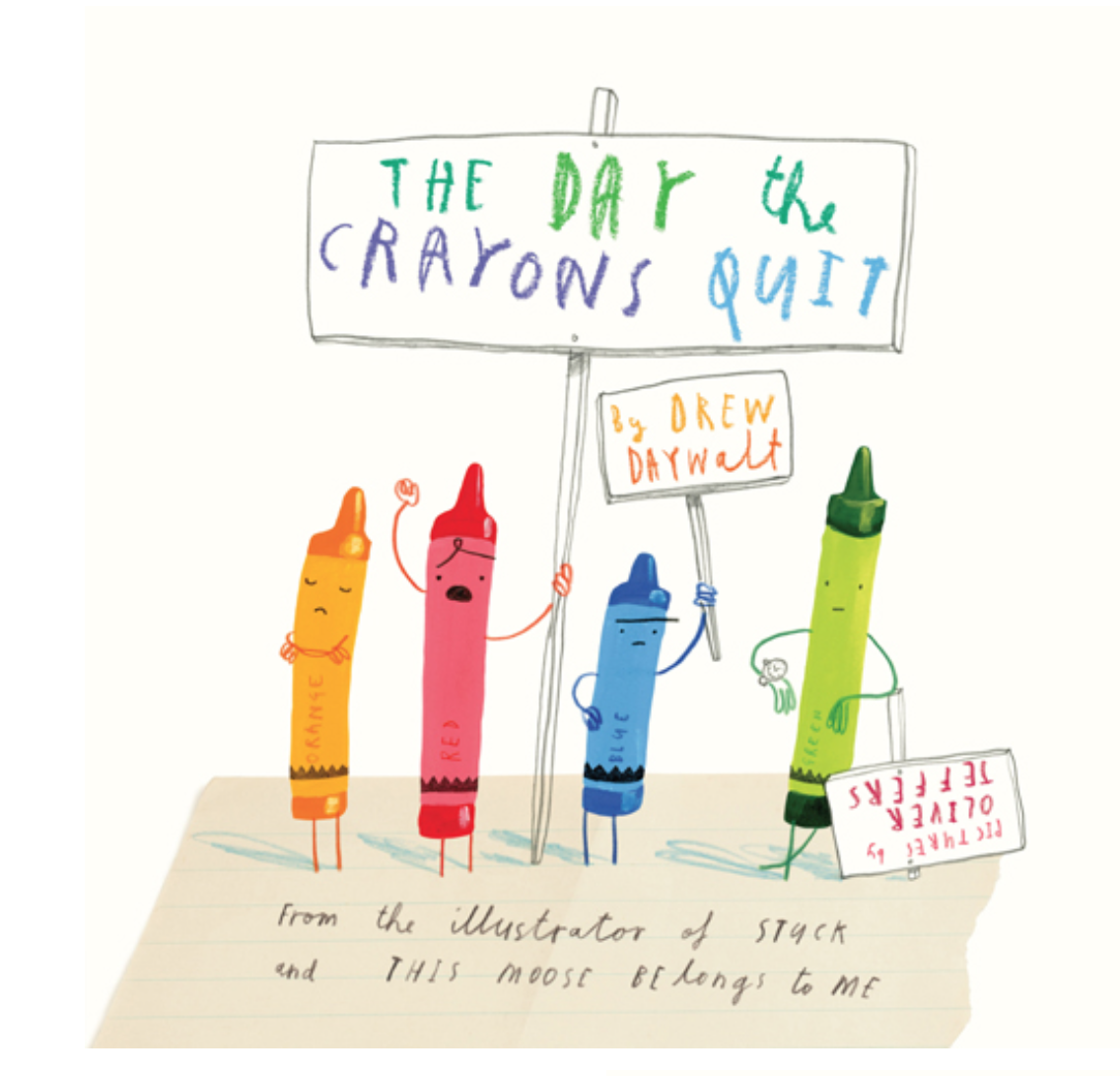 Cover image for The Day the Crayons Quit featuring an illustration of a whimsical illustration of orange, red, blue and green crayons standing in a line and holding protest signs.