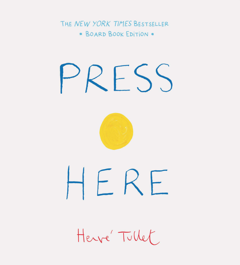 Illustrated book cover for Press Here featuring a white background with a yellow dot painted directly in the center, surrounded by the words "Press Here"