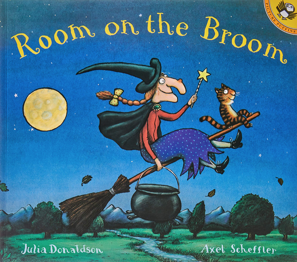 Cover image for the book Room on the Broom with illustration of a witch with a red braid, black witch hat and cape riding on a broom. She's sharing a broom with a cat.