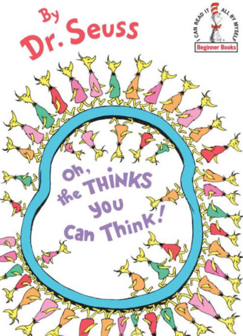 Illustrated book cover for Oh, the Thinks You Can Think! featuring 37 bird-like creatures walking clockwise around a turquoise loop. Ten more creatures walk counterclockwise along the interior of the loop. They are wearing colorful robes and look content.
