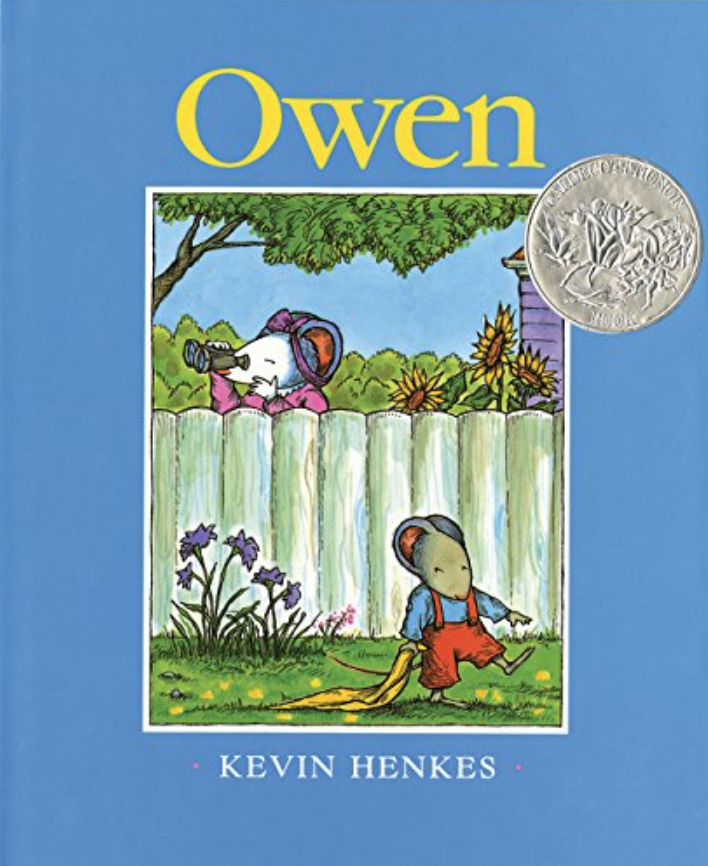 Illustrated book cover for Owen featuring a young beige mouse carrying a yellow blanket across the grass. Behind him, an older white mouse peers over a wooden fence with binoculars. She looks in the opposite direction of the young mouse.