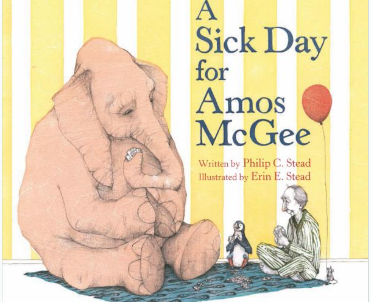 Cover image for A Sick Day for Amos McGee featuring an illustration of an elephant, a penguin and an old white man with a red nose wearing pajamas seated on a quilt. They are playing cards.