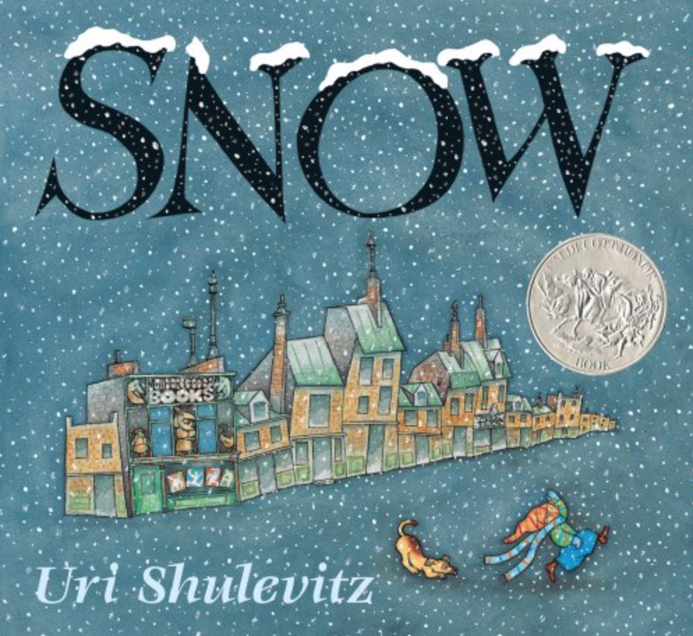 Cover image featuring for Snow a townscape with a dog and a small child frolicking in front. There is snow falling all around and gathering on the tops of the letters that spell out the book's title.