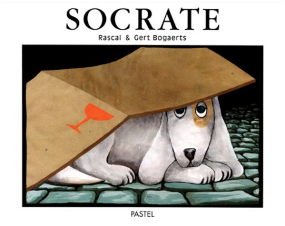 Cover image for the book Socrates featuring an illustration of a white dog with a light brown path over one eye sitting dejectedly on a cobblestone street. It has a brown paper bag over its body, like a blanket