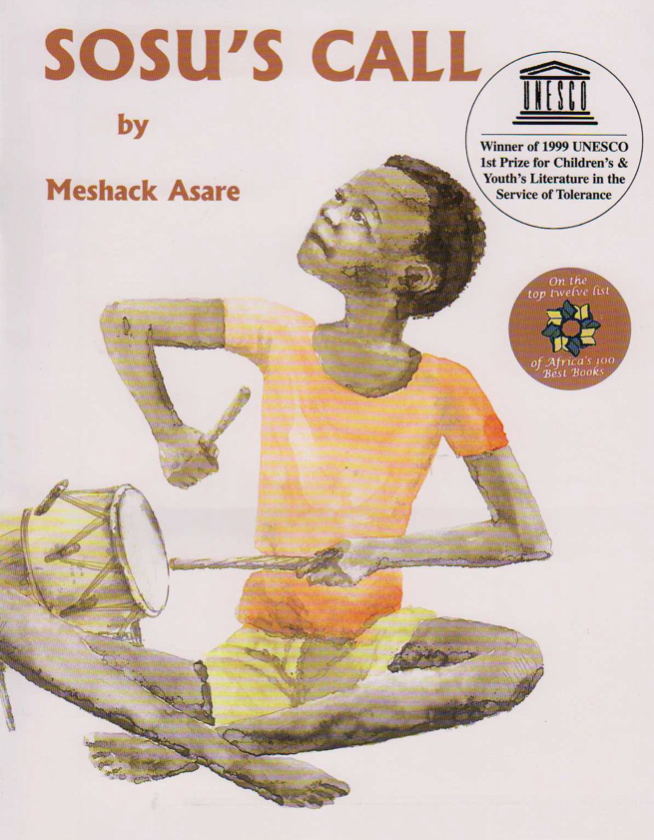 Cover image of the book Sosu's Call by Meshack Asare featuring a delicate watercolor painting of a young Black boy sitting criss-cross applesauce on the ground. He is looking up and tapping on a drum in his lap.