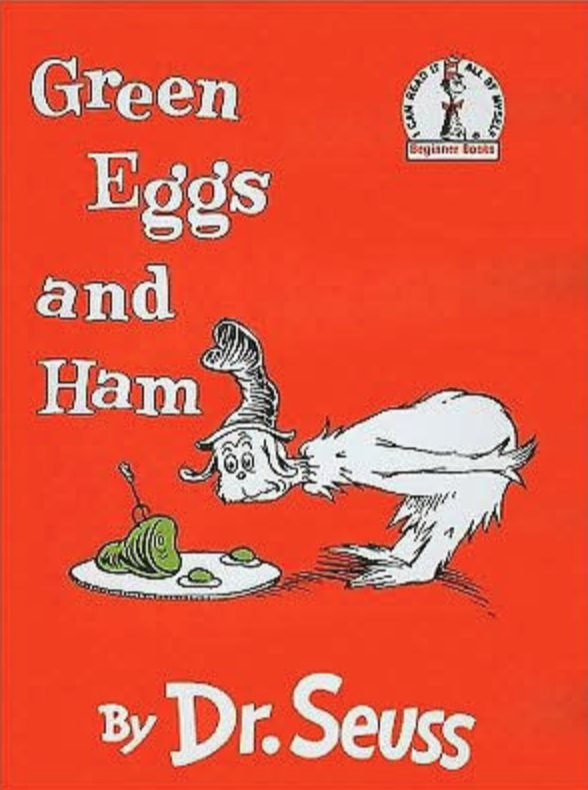 Illustrated book cover for the Dr. Seuss book Green Eggs and Ham featuring a fuzzy creature with a tall hat and a plate of green eggs and ham. He is bending over to examine the dish carefully.